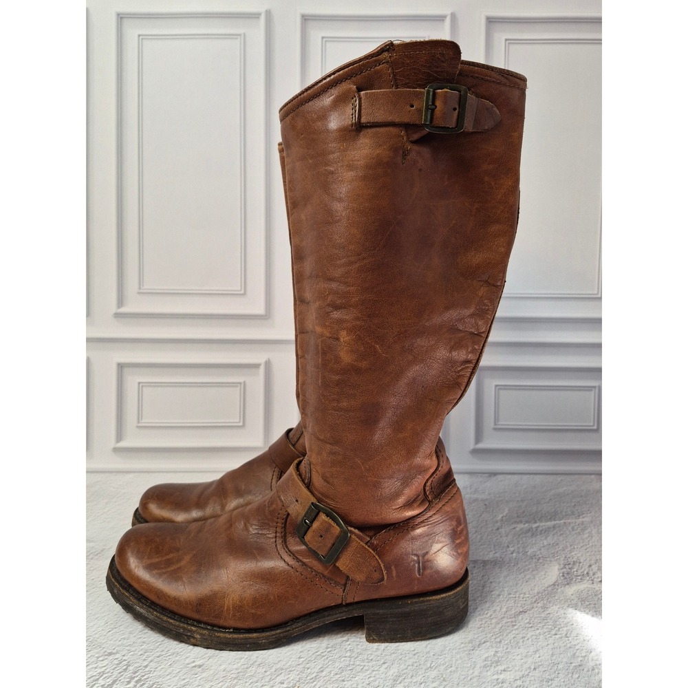 Frye Veronica Slouch Tall Leather Boots Womens 9.5 Cognac Distressed Moto Boho